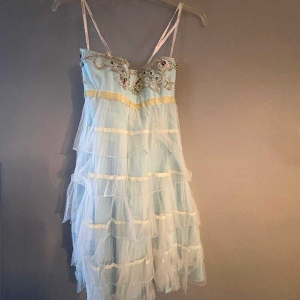 Alyce Paris Light Blue and Cream Strapless Ruffled Dress - Picture 2 of 6